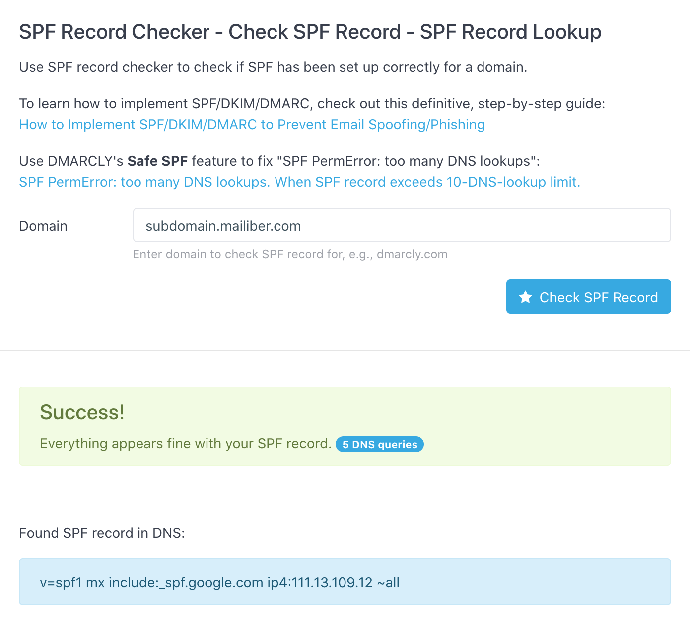 Check SPF record subdomain