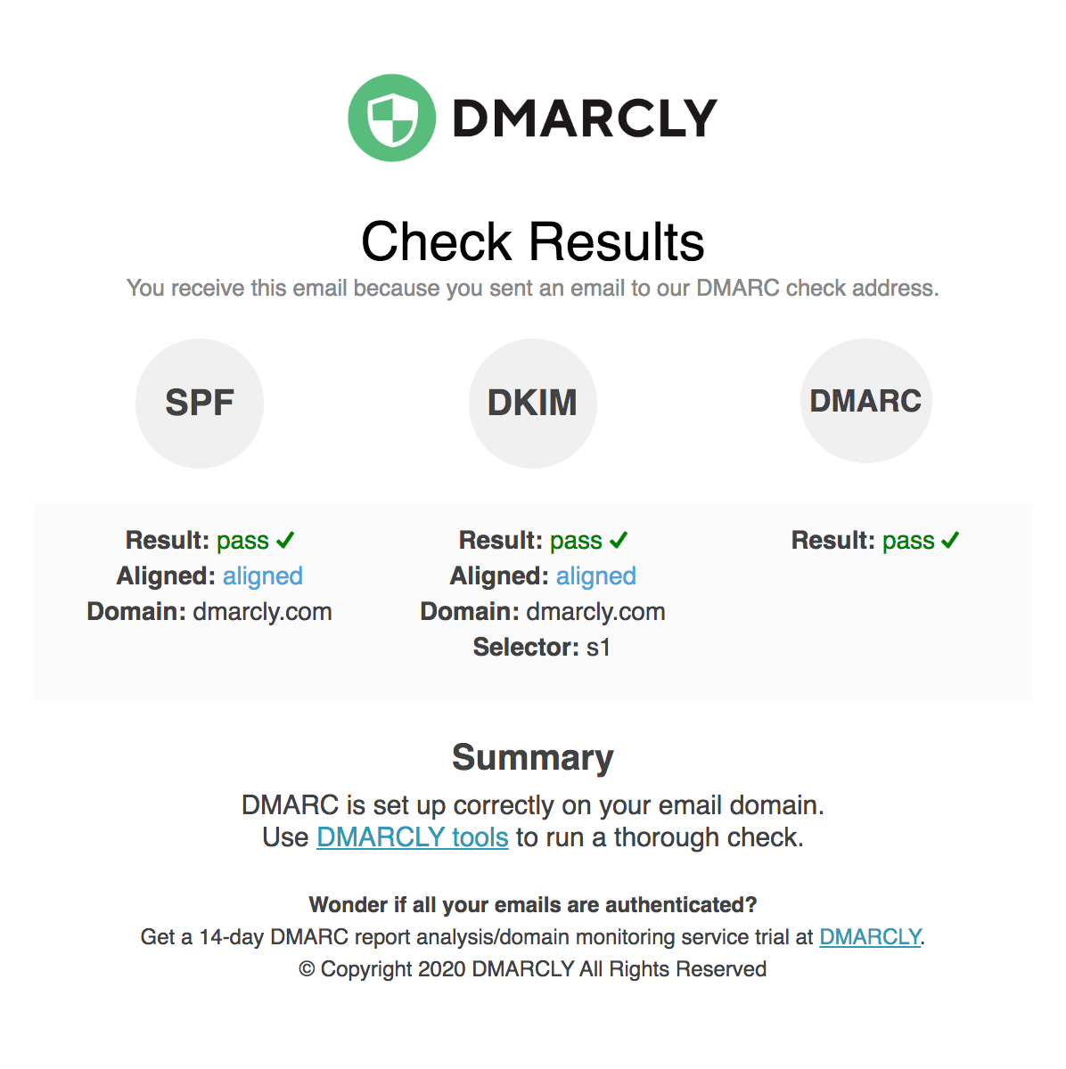 Check SPF, DKIM, and DMARC via email: check@dmarcly.com